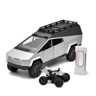 Cyber Truck Toy Car with Camper &amp; CyberQuad ATV Motorcycle Diecast 1/24 CyberTruck Model w/Lights Sounds *Bonus Charging Station* Great Gifts for Teens Gifts for Him Kids 3+ (Stainless Steel)