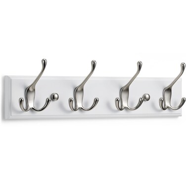 LARHN 4 Hook Wall-Mounted Coat Rack - Matt-Nickel Coat Hooks for Wall on White Base - Stylish and Suitable for All Settings