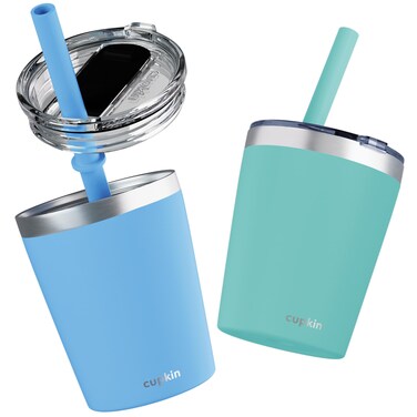 CUPKIN Toddler Cups with Straws, The Original 8 oz Stackable Stainless Steel Baby Straw Cup, Set of 2 Kids Cups, Powder Coated Insulated Kids Tumblers, No BPA Lids + Silicone Straws (Blue + Green)