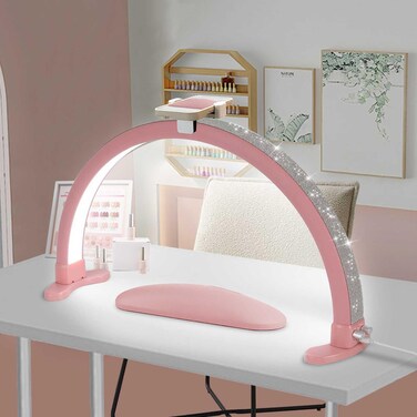 Half Moon Light for Nail Desk, 29 in Half Moon Nail Lamp with Phone Holder, Adjust Brightness, 2700K‑6000K, 45W Rhinestones Arch Light for Nail Techs, Manicure Lamp Table Light, Pink