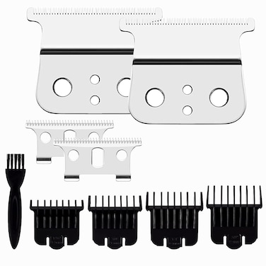 2 Pack T Outliner Blades for Andis T Outliner Trimmer, GTX Replacement Blade with Brush, Steel T Blade Set with 4 Guards Guides for Hair Clippers Model #04710/04521, Silver