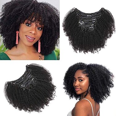 Kabadu 8pcs 120g/set Afro Kinky Curly Clip In Human Hair For Black Women Hair Extension 4B 4C Brazilian Virgin Human Hair Clip Ins for African American Natural Black Color(14inch)