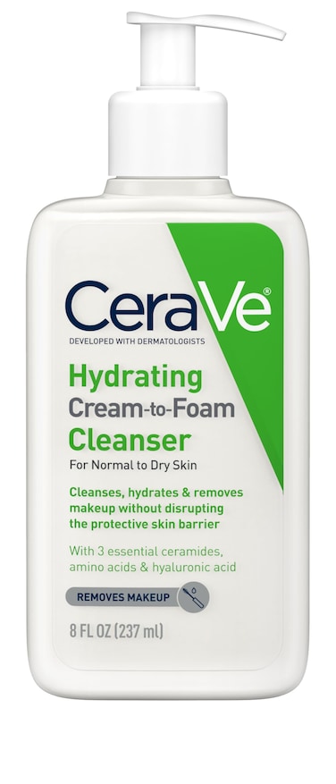 CeraVe Hydrating Cream To Foam Cleanser, Makeup Remover Face Wash For Dry Skin, Foaming Facial Cleanser With Hyaluronic Acid, Normal To Dry Skin, Fragrance Free &amp; Non Comedogenic, 8 Fluid Ounces