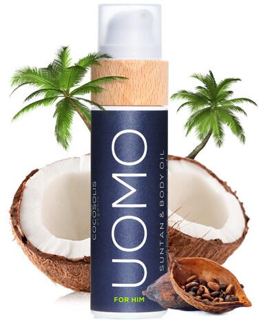 COCOSOLIS UOMO Tanning Accelerator for Men - Organic Tanning Oil with Vitamin E &amp; Black Coconut Scent for a Fast Intensive Tan - Tanning Enhancer for a Rich Chocolate Tan (110)