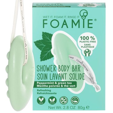 Foamie 2-in-1 Natural Body Bar, Mint Womens &amp; Mens Body Wash, Refreshing Shower Bar Vegan Soap-Free Peppermint Oil &amp; Green Tea, Cleansing &amp; Moisturising, Eco-Friendly Packaging