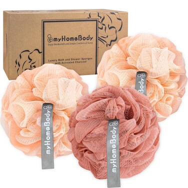 myHomeBody 60g Loofah Sponge, Body Scrubber, Bath Sponge, Loofah for Women, Men, Exfoliating Sponge Shower Pouf with Activated Charcoal - 2 Peach + 1 Coral Red, 3 Pack