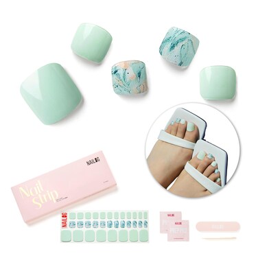 NAILOG Semi Cured Gel Nail Strips, Toe Nail Polish Strips with Glossy Gel Finishing   Buy 3 Get 1 UV Lamp  32 Pieces Long Lasting Pedi Stickers  Baby Blue