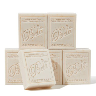BELA Oatmeal Soap with Milk and Bran 3.3 OZ, Pack of 6, Long Lasting French Triple Milled Bar Soap with Organic Shea Butter, Hand, Face and Body Wash Bars, Made in Australia