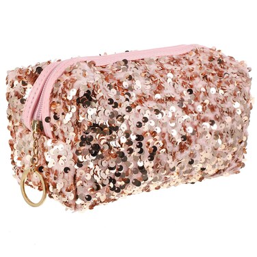 VALICLUD Sequin Cosmetic Bag Portable Glitter Makeup Zipper Bag Toiletry Bag Sequin Organizer Bag for Women Girls Travel Daily Use (Pink)