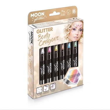 Holographic Glitter Paint Stick/Body Crayon makeup for the Face &amp; Body by Moon Glitter - 0.12oz - Gift Set containing 6 Body Crayons - Silver, Pink, Gold, Rose Gold, Blue &amp; Green