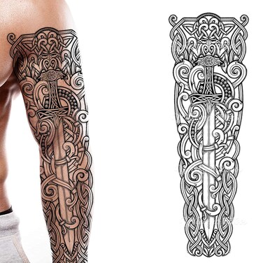 2x temporary tattoo viking sword full arm celtic nordic stick on body art transfer for women and men cosplay halloween adult temp tattoo for arms medieval fancy dress party cosplay