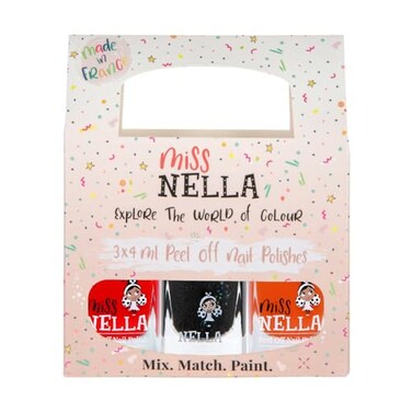 MISS NELLA Halloween Special Glitter Kids Nail Polish 3 Pack: Poppy Fields (orange), Surprise Party (black glitter) &amp; Class Clown (red), Peel-off, Non- toxic, Water Based Formula
