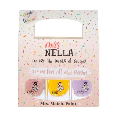 MISS NELLA PIXIE DUST- Peel Off, Odour Free, Water Base &amp; Safe for kids nail polish pack of 3- peach (glitter), lilac &amp; yellow (glitter)