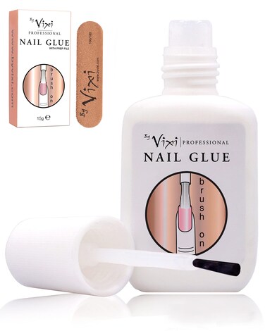 15ml By Vixi Extra Strong Nail Glue with Brush and Free PREP File Clear Instant Dry Adhesive, Professional Salon Quality