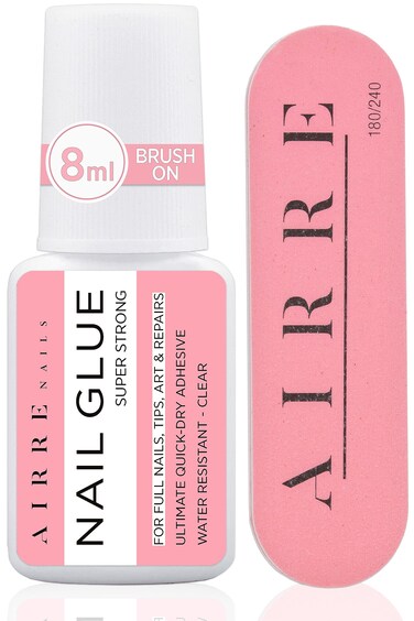 8ml AIRRE Extra Strong Nail Glue for Nail Tips, Press-On Nails &amp; Acrylic Nails Brush-On Nail Glue &amp; File for Glue-On Fake Nails, Fix Broken Nail Repair. Acrylic Nail Glue Nail Bond Nail Glue Gel