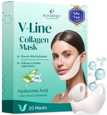 PLANTIFIQUE V-Line Collagen Mask for face, Chin Strap for Double Chin Women &amp; Men, V Line Lifting Mask with Collagen and Hyaluronic Acid, V Shape Face Tape Chin and Neck Mask for Skin Firming (20)