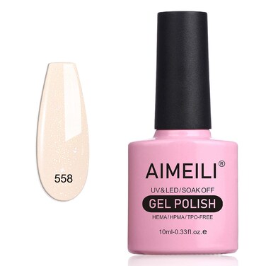 AIMEILI Milky White Glitter Gel Nail Polish Soak Off U V Shimmery Gel Nail Polish Sparkle Nude Gel Polish for Nail Art-558 10ml