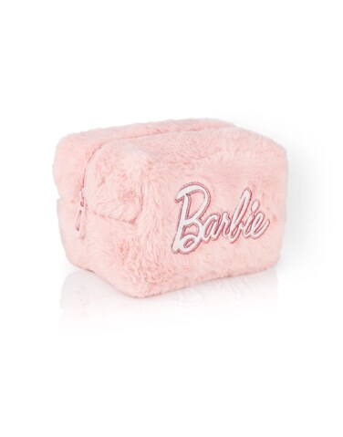 Barbie Womens Fluffy Makeup Bag   Ladies All Over Fur with Embroidered Logo in Pink   Classic Logo Zip Cosmetic Storage Bag