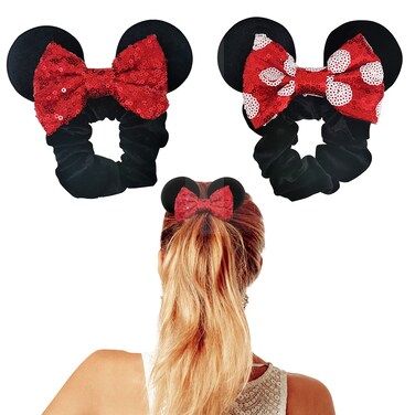 Styla Hair 2pk Mouse Ear Scrunchies for Kids Velvet Hair Bow Scrunchies for Women - Sparkle Sequins Mouse Hair Bands for Mickey Ears (Hot Pink)