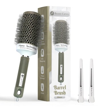 Round Brush,53 mm/2.1Inch Barrel with 2 Clips Round Brush for Blow out with Flexible Nylon 66 Bristles Nano Ionic Heat Resistant Tech for Professional Curling, Styling &amp; Shining Texture