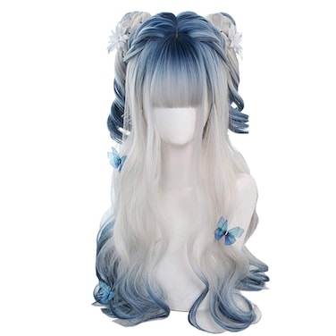 Irregular Coloring Body Wave Synthetic Long Hair Wig Blue Gradient White Gradient Blue Lolita Beauty Japanese Girl Cosplay Wig