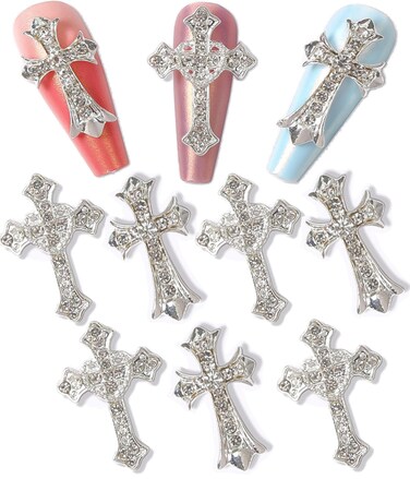 3D Cross Nail Charms, Silver Crystal Cross Nail Decorations for Nail Art, 10Pcs, Metal Nail Art Rhinestones Cross Charms for DIY Designs Supplies (Silver)