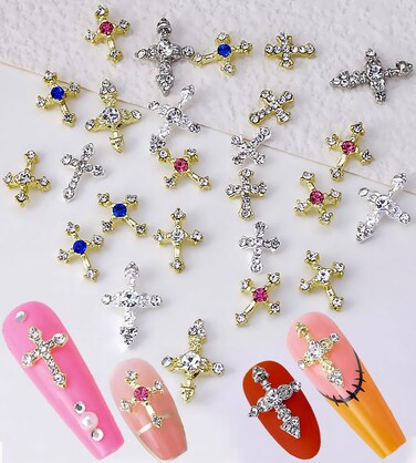 Crystal Cross Nail Charms - y2k Gems Nail Cross Charms - Gold &amp; Silver Crystal Cross Nail Art, 3D Gems Cross Nail Charms for DIY Designs Supplies