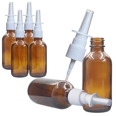 UPSTORE 6 Pcs (30ml/1oz) Amber Round Empty Glass Nasal Spray Bottle with Press Spray Head Refillable Portable Fine Mist Sprayers Containers Pot Travel Sub Bottling for Colloidal Silver Saline