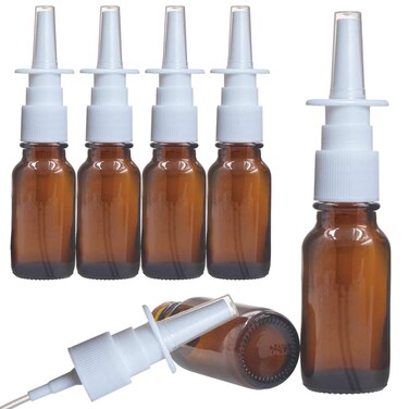 6 Pcs (15ml/0.5oz) Amber Round Empty Glass Nasal Spray Bottle with Press Spray Head Refillable Portable Fine Mist Sprayers Atomizers Containers Pot Travel Sub Bottling for Colloidal Silver Saline