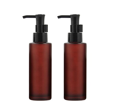 2 PCS 100ml 3.4oz Amber Frosted Glass Travel Bottle Leakproof Pump Lotion Bottles with Black Pump Lid for Cosmetic Make Up Cream Emulsions Essences Toiletries Toner Liquid