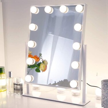 LED Vanity Mirror with Lights Hollywood Light up Makeup Mirror for Desk, Lighted Smart Mirror with Touch Lights,3Color Dimmable Personal Makeup Mirror with 12 Bulbs for Bedroom 360&deg;Rotation