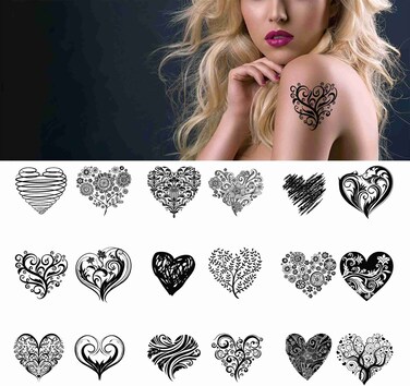Heart Tattoo 18 sheets Temporary Tattoos for Adults Men and Women Black and White All Kinds of Love Heart Tree Folwer Leaves Fake Tattoo Kits Sets For Neck Arm Hands Leg Body Art Satickers