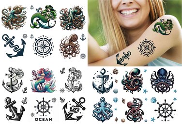 18 Sheets Temporary Tattoo Women Adults Octopus Party Favors Mermaid Body Face Sleeve Anchors Fake Tattoos