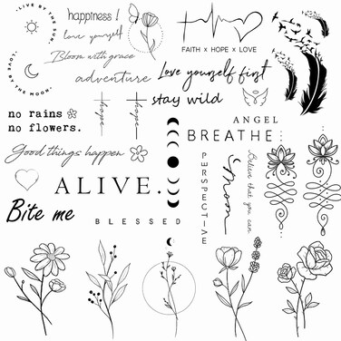 Realistic Temporary Tattoo 48 Designs Quote Word Inspirational Words Wild Flower Floral Bouquet for Women Girls