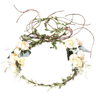 Rose Flower Headband Floral Leaf Crown Hair Bands Leaves Berry Vine Wreath Women Wedding Bridal Hair Hoop Boho Hairband Headpiece Party Decoration Cosplay Costume Cute Handmade Hair Accessories Beige
