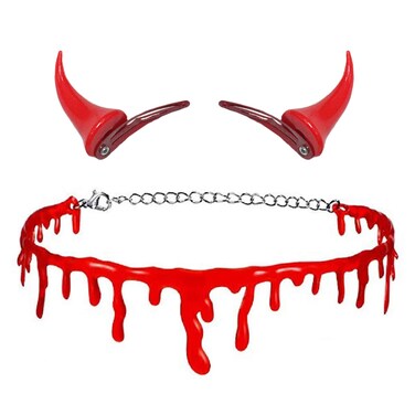 Halloween Devil Hair Clips Dripping Blood Choker Clavicle Necklace Red Devil OX Horn Ears Barrettes Women Bloody Collarbone Chain Demon Vampire Headpiece Hair Pins Hairpin Hairclips Party Accessories