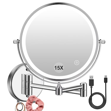 1X/15X Wall Mounted Makeup Mirror with Hook, USB Rechargeable LED 3 Color Lights Two Sided 8 Inch Magnifying Mirror, Touch Switch Intelligent Shutdown 360&deg; Vanity Mirror for Bathroom Hotel