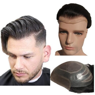 Toupee for men Hair pieces for men N.L.W. European virgin human hair replacement system for men 10x8"human hair FPM prosthesis units patch implant for men #1 Jet Black