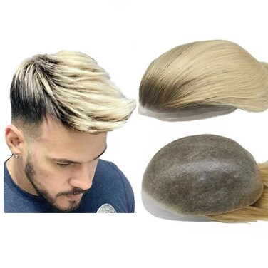 NLW European human hair toupee for men Thin skin PU 10x8" Straight hair mens pieces hair replacement for men human hair system for men hair prothesis units T4/613 Blonde color