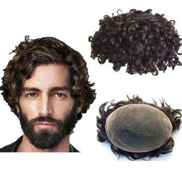 Curly Swiss lace toupee for men implant patch Afro curl Hair pieces for men prosthesis kinky curly human hair replacement system 10x8" hair units for men 10mm Curly black