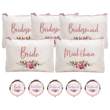 CARAKNOTS Bridesmaid Gifts Set of 10 Bridesmaid Makeup Bag with Compact Mirror Maid of Honor Proposal Gifts Wedding Bridal Bachelorette Party Favor Cotton Canvas Cosmetic Makeup Bags