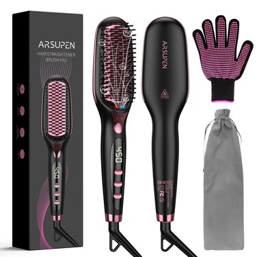 OMTech Hair Straightener Brush, Heated Brush for Women with Anti-Scald, Auto Temperature Lock and Auto-Off, MCH Fast Heating, Home, Barber Shop