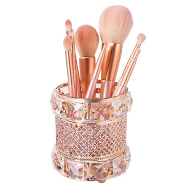Barelove Crystal Makeup Brush Holder Organizer Cosmetics Brushes Storage Cup Handcrafted Pen Pencil Holder Storage Box Container, Valentine's Day Gifts (Gold, Column)