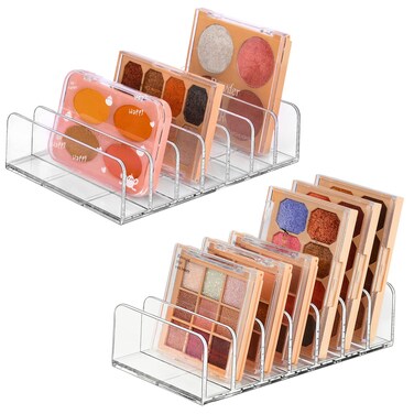 JESSCAT Palette Organizer, Plastic Bathroom Counter Organizer Beauty Blender Holder, Large Capacity Cosmetic Eyeshadow Makeup Organizer for Bathroom Vanity Counter (Transparent, S + L)