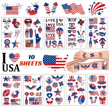 10 Sheets USA Tattoos Temporary, 80 Patriotic Tattoos, 4th of July Temporary Tattoos, American Flag Red White and Blue Tattoos, USA Face Tattoos