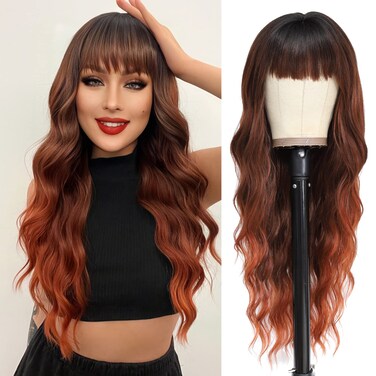 NAYOO Auburn Wigs with Bangs for Women Long Curly Wavy Hair Wigs Heat Resistant Synthetic Fiber Wigs for Daily Party Use 26 Inches (Ombre Auburn)