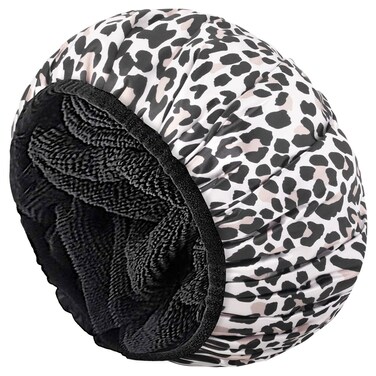 Aquior Shower Cap,Extra Large Triple Layer Bathing Cap with Dry Hair Function for Women Microfiber Terry Cloth Silky Satin 100%% Waterproof Reusable Long Hair Bath Caps (Leopard)