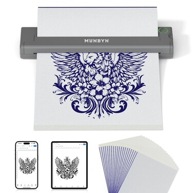 MUNBYN Tattoo Stencil Printer ITP05, Wireless Thermal Tattoo Printer with 20 Transfer Papers, Compatible with Android and iOS Phone/Tablet &amp; PC, Tattoo Printer for Tattoo Artists &amp; Beginners(Gray)