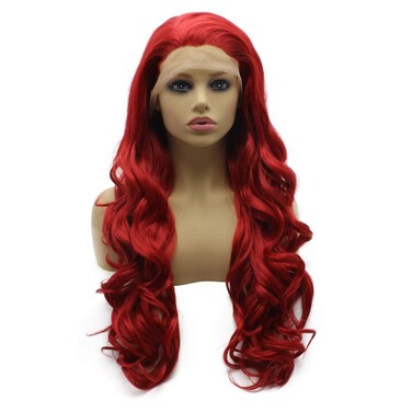 Iewig Synthetic Lace Front Wig Long Wavy Hand Tied Natural Looking Cosplay Party Red Wig