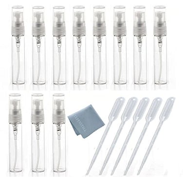 Elfenstal- 20pcs Mini Clear 5ml 1/6OZ Atomizer Fine Mist Empty Glass Bottle Spray Refillable Fragrance Perfume Scent Sample Bottle 1pc Clean Cloth for Travel Party Makeup Tool 5pcs Free 3ml Pipette